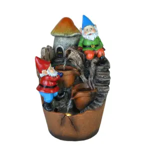 Primrose Solar Toadstool Gnomes Tiered Cascading Water Feature With Battery Backup and Lights 39cm