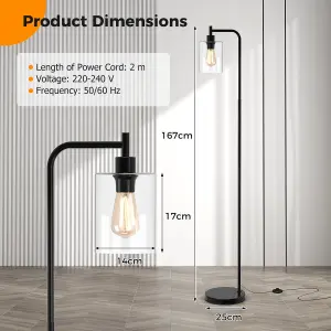 COSTWAY Industrial Floor Lamp Standing Lamp with Hanging Glass Lampshade & Foot Switch Black