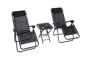 3 Pcs Zero Gravity Garden Recliners, Adjustable Sun Loungers with Coffee Table & 2 Cup Holders - Black