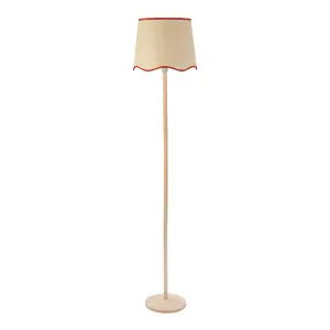 ValueLights Triston Natural Light Wood Stem Floor Lamp with Scallop Rust Trim Tapered Shade