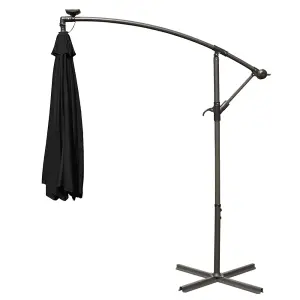 SunDaze 3M Black LED Garden Patio Cantilever Banana Hanging Umbrella, Parasol Base & Weather Protective Cover