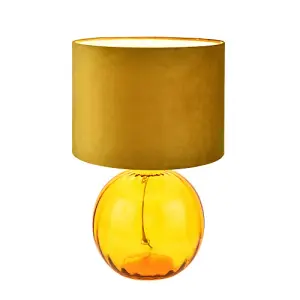 Contemporary Ochre Ribbed Glass Table Lamp with Soft Velvet Mustard Shade