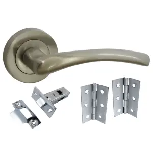 Zena Door Handle Modern Design Satin Nickel Lever on Rose Internal + Latch & Hinges