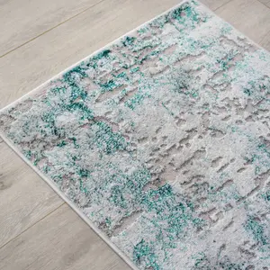 Silver Green Distressed Abstract Modern Textured Area Runner Rug 60x240cm