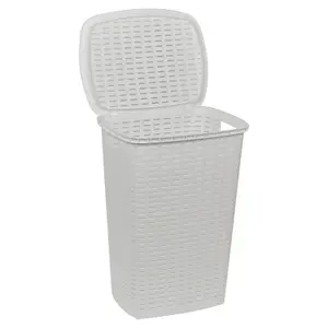 URBNLIVING Height 59cm White 53L Plastic Rattan Style Laundry Clothes Washing Storage Basket Hamper with Lid