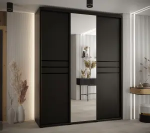 Cannes XI Mirrored Sliding Door Wardrobe W200cm - Sleek Black Storage Solution for Spacious Rooms