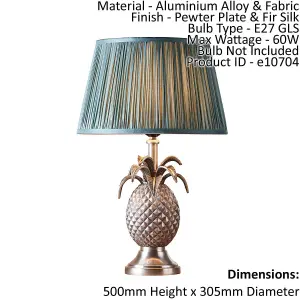 Table Lamp Pewter Plate & Fir Silk 60W E27 Bedside Light Base & Shade