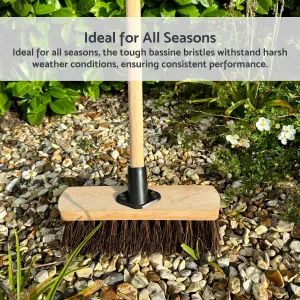 10-Inch Bassine Broom - Heavy-Duty Outdoor Sweeper with Wooden Handle - Perfect for Small Patios, Decks, and Gardens - Durable