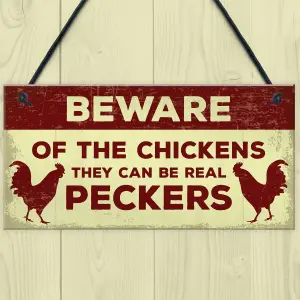 Red Ocean Beware Of The Chickens Sign For Gate Chicken Coop Hen House Funny Chicken Gift