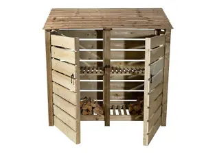 Slatted wooden log store with door and kindling shelf W-187cm, H-180cm, D-88cm - natural (light green) finish