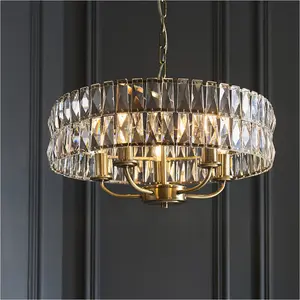 Multi Arm Hanging Ceiling Pendant Light - Antique Brass Plate & Clear Crystal Glass - 5 X 6W LED E14