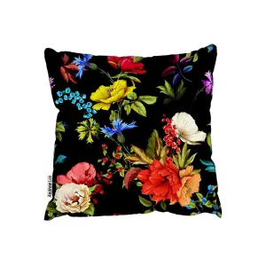 Poppy, wild roses, cornflower with leaves on black (Outdoor Cushion) / 60cm x 60cm