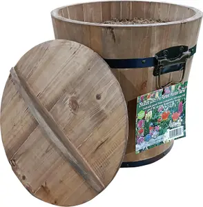 Pre-Planted Wooden Barrel Planter-30 Red & Yellow Spring Flowering Bulbs-Just Add Water-29x30cm-Peat-Free Compost-Bee-Friendly Mix