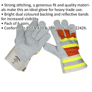 6 PAIRS Reflective Riggers Gauntlets - Dual Coloured Backing - Reflective Bands