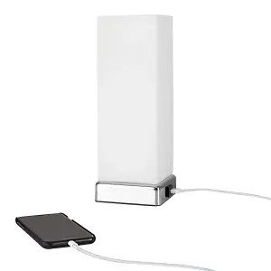 ValueLights Lazio Chrome & White Frosted Glass Bedside Touch Table Lamp with USB Charging Port and 5w LED Candle Bulb