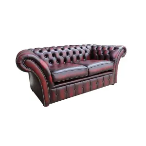 Chesterfield 2 Seater Sofa Settee Antique Oxblood Red Real Leather In Balmoral Style