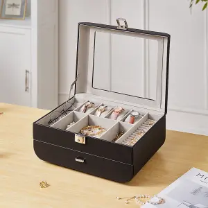 Sleek Black Faux Leather Jewelry Box with Transparent Lid