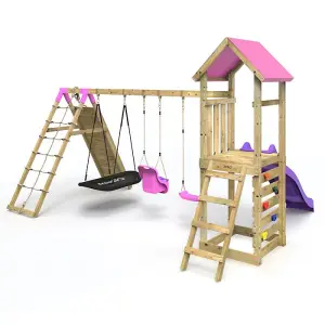 Rebo Challenge Wooden Climbing Frame with Swings, Slide and Up & over Climbing wall - Sanford Pink