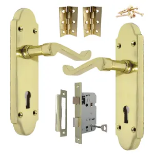 Epsom Door Handle Lock Victorian Scroll Lever - Brass Pack Hinges