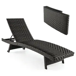 Costway Folding Patio Rattan Chaise Lounge Padded Outdoor Wicker Recliner w/5-Level Adjustable Back