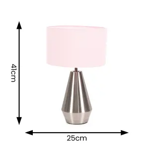 ValueLights Jax Silver Metal Touch Dimmer Table Lamp with Blush Pink Drum Shade