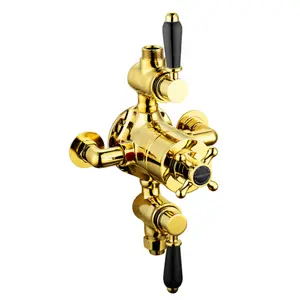 ENKI Downton English Gold Black Traditional 2-Outlet Brass Thermostatic Triple Shower Valve