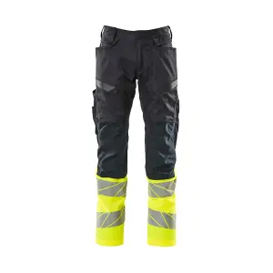 Mascot Accelerate Safe Trousers with Kneepad Pockets - Dark Navy/Hi-Vis Yellow   (34.5) (Leg Length - Short)