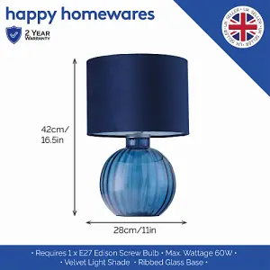 Contemporary Midnight Blue Ribbed Glass Table Lamp with Navy Blue Velvet Shade