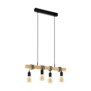 Hanging Ceiling Pendant Light Black & Wood 4x E27 Kitchen Island Multi Lamp