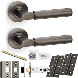 Door Handle & Latch Pack - Dark Bronze - Mitred Reeded Lined Lever On Round Rose