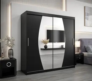 Elypse Contemporary 2 Mirrored Sliding Door Wardrobe 9 Shelves 2 Rails Black (H)2000mm (W)2000mm (D)620mm