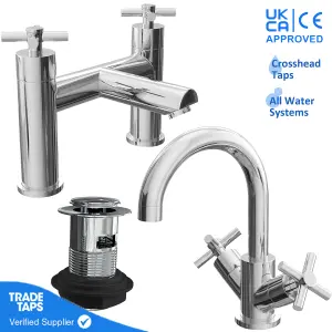 Modern Chrome Bathroom Sink Tap, Bath Filler Mixer & Push Button Waste Set