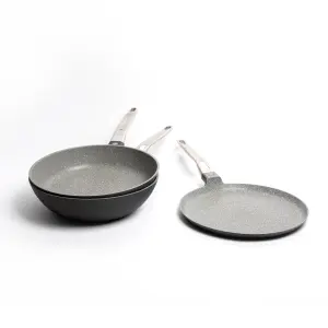 3pc Non-Stick Cookware Set with Cast Aluminium Wok 28cm, Frying Pan 28cm and Crepe Pan 28cm