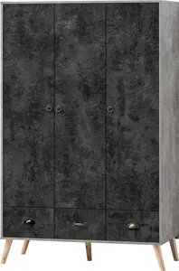 Nordic 3 Door 3 Drawer Wardrobe Concrete Effect Charcoal