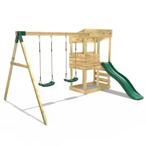 Rebo Wooden Lookout Tower Playhouse with 6ft Slide & Swings - Bryce