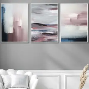 Set of 3 Abstract Navy Blue Grey Blush Pink Oil Wall Art Prints / 50x70cm / White Frame