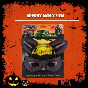 Halloween Cats Ears & Mask Set Halloween Party, Trick or Treat  Black Glitter