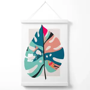 Monstera Leaf Blue and Pink Boho Botanical Poster with Hanger / 33cm / White