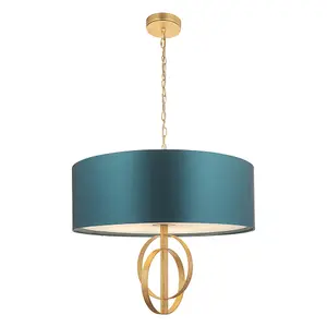 Luminosa Trento 5 Light Ceiling Pendant Antique Gold Leaf & Teal Satin Fabric