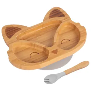 Bamboo Fox Baby Weaning Plate & Fork Set - Grey