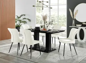 Imperia Black High Gloss 6 Seater Dining Table with Structural 2 Plinth Column Legs 6 Cream Velvet Black Leg Nora Chairs