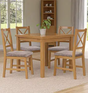 Hallowood Furniture Waverly Small Extending Table with 4 Cross Back Oak Chairs with Steel Grey Fabric Seat