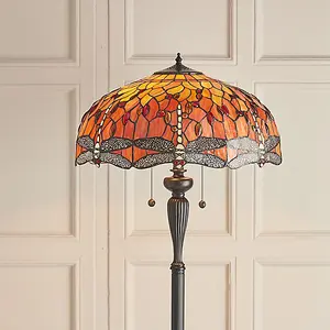 Luminosa Dragonfly 2 Light Floor Lamp Dark Bronze, Red, Tiffany Style Glass, E27