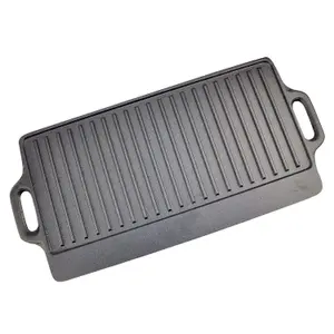 Plate Pan Double Sided for BBQ & Hob Cooking - Size 50 x 23 cm - X-Large Non-Stick Cast Iron Reversible - two Curved Portable