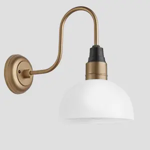 Industville Swan Neck Opal Glass Dome Wall Light, 8 Inch, White, Brass Holder