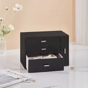 Sleek Black Faux Leather Jewellery Box with Transparent Display Window and Necklace Drawer