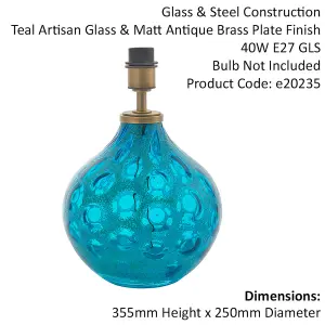 Teal Tinted Glass Table Lamp Light Base Antique Brass Metalwork - Inline Switch