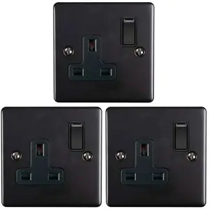 3 PACK 1 Gang Single UK Plug Socket MATT BLACK 13A Switched Power Outlet