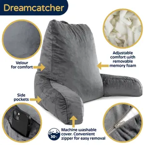 Dreamcatcher Large Grey Reading Pillow, Shredded Memory Foam Cuddle Cuddle Cushion Backrest, Arm Support ,Washable Velvet Cover