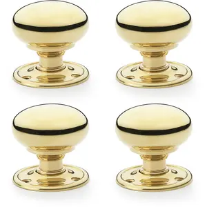 4 PACK - SOLID BRASS Mortice Smooth Mushroom Door Knob - Polished Brass 51mm Diameter